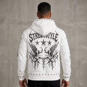 Custom White Studded Hoodie <b>Gothic</b> Angel Wing Thorn Print Blackletter Star Zip Up Oversized Streetwear <b>Jacket</b> Wholesale Supplier - Product Image 4