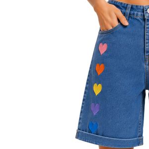Shorts de Mezclilla para Mujer con Bordado de Corazón Arcoíris Azul, Cintura Alta, Corte Holgado Informal, Dobladillo Enrollado, Algodón, Moda Verano - Product Image 3