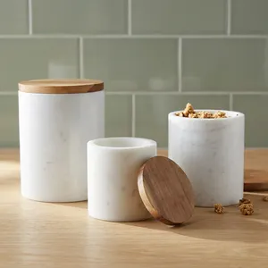 Tarros de Almacenamiento de Mármol Blanco SUNWOODD EXPO con Tapas de Madera y Soporte para Uso en la Encimera de la Cocina - Product Image 2