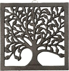 Décoration murale en fonte noire mate motif arbre, panneau en métal carré en relief avec boucle de suspension, dessous de plat en métal robuste pour cuisinière à gaz - Product Image 1