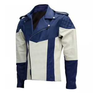 Blouson de moto en cuir pour homme, bleu et blanc, à blocs de couleur, manches longues, coupe-vent, toutes saisons - Product Image 1