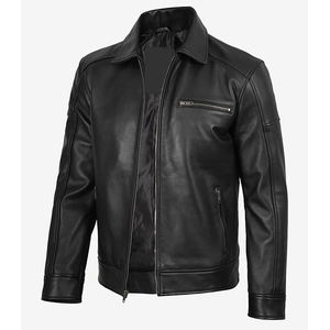 Veste en cuir de vachette noire tendance 2026 pour hommes, col rabattu, poches zippées, haute qualité, faible MOQ, vestes de mode - Product Image 3