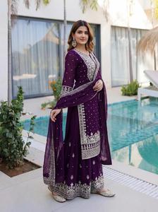 ชุดส่าหรีอินเดียผ้าจอร์เจตต์เทียมปักลายดิ้นทองพร้อมซีควินส์ มีไซส์พลัสสำหรับผู้หญิง - Product Image 4