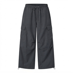 Pantalones Parachute Grises para Mujer, Cintura Media con Cordón Ajustable, Corte Holgado, Largura al Tobillo, Color Sólido, Estilo Casual, Tejido - Product Image 2