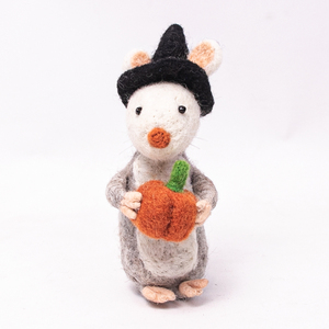 Felt Mouse with <b>Witch</b> Hat Holding Pumpkin Halloween Ornament Cute Spooky Wool Felt Hanging <b>Decoration</b> (100% Handmade) - Product Image 1