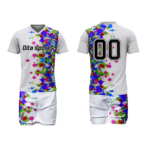 ชุดวอลเลย์บอลสีขาวหลากสีแบบซับลิเมชั่น เสื้อแขนยาวพร้อมกางเกงขาสั้น ชุดกีฬาทีมแบบกำหนดเอง ชุดแข่งขันกีฬา - Product Image 1