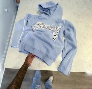 Survêtements surdimensionnés en molleton français personnalisés avec fermeture éclair latérale sur les manches, ensemble deux pièces pour hommes avec pantalon évasé - Product Image 1