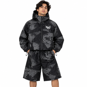 Ensemble veste coupe-vent à capuche noire pour homme, short, imprimé graphique, veste en nylon, style décontracté, séchage rapide, polyester tricoté, automne - Product Image 1