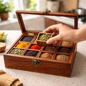 Wood Spice <b>Box</b> Organizer 12 Compartments Handmade Rustic Kitchen <b>Herb</b> Storage Container Durable Natural Wood Masala Spice Tools - Product Image 2