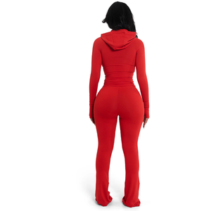 Mono largo rojo con capucha para mujer, de manga larga, cintura alta, control de abdomen, moldeador, casual, para todas las estaciones, de elastano y poliéster. - Product Image 2