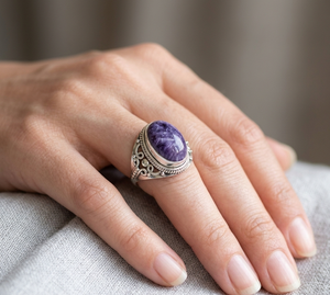 Charoite <b>Ring</b> <b>925</b> <b>Silver</b> Rose Gold & Yellow Gold Plated Vintage Oval Gemstone Statement <b>Ring</b> Handmade Jewelry for Women Men - Product Image 3