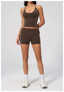 Brown Seamless Yoga Set Halter <b>Crop</b> <b>Top</b> High Waist Shorts Contrast Stitch Breathable Spandex Polyester 2 Piece - Product Image 4