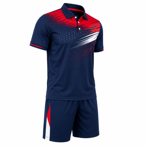 ชุดเสื้อและกางเกงเทนนิสพิมพ์ลายแบบซับลิเมชั่นสำหรับผู้ชาย สีกรมท่า แดง ขาว ไล่เฉดสี ระบายเหงื่อได้ดี เหมาะสำหรับเล่นกีฬาในฤดูร้อน - Product Image 4