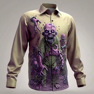 Camiseta de Halloween para Hombre, Estilo Horror, Sublimada, con Botones, Manga Larga, Gótica, Verde, Poliéster, Corte Regular, Personalizada, Digital - Product Image 4