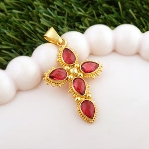 Colgante de Cruz Inspirado en la Cruz de Cristo con Gema de Cuarzo Rubí, Chapado en Oro de 18K, Cruz Sólida Ortodoxa, Amuleto de Joyería para Niños - Product Image 2