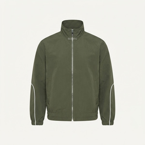 REDDITO Men's Olive Green Sporty <b>Racer</b> Nylon Bomber <b>Jacket</b> Square Collar Covered Button Waterproof Windproof Autumn Regular Fit - Product Image 1