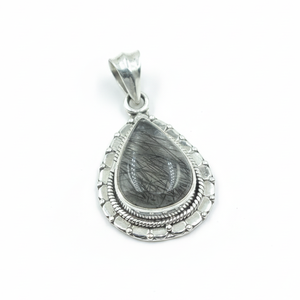 Pendentif goutte d'eau en quartz rutilé noir naturel, argent sterling 925, serti à la main, design unique, cadeau de bijoux pour femme - Product Image 1