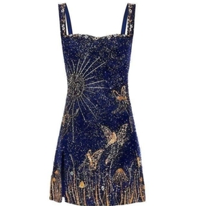 Sequin Butterfly Sun Embroidery Blue Velvet Women Mini Dress Sleeveless Cocktail Party Wear Apparel Clothing Garment Evening - Product Image 1