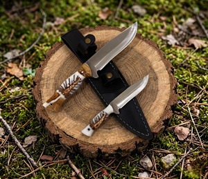Cuchillo de Caza Hecho a Mano Dos en Uno, Personalizado, de Acero Inoxidable Alemán 4116, Mango de Madera de Nogal con Funda de Cuero, Regalo para el Día del Padre - Product Image 3