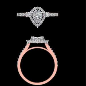 Anillo de compromiso con halo de diamantes talla pera y piedras laterales, y conjunto de anillo de boda curvo con diseño de espiga a juego, en oro rosa macizo. - Product Image 3