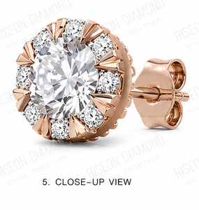 Elegant floral inspired halo diamond stud earrings in 18K <b>rose</b> gold with round center stone and petal accent diamonds for sparkl - Product Image 3