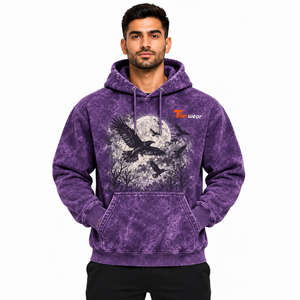 Sudadera con capucha morada para hombre con estampado de cuervo y luna, de forro polar, informal, de corte regular, para otoño, con efecto lavado ácido. - Product Image 1
