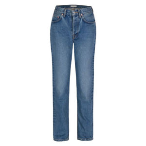 Jean en denim taille haute pour femme, coupe droite, bleu classique, en coton, style vintage décontracté, coupe ajustée, mode féminine - Product Image 4