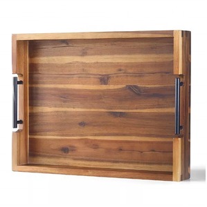 Modern Style Rectangular Wooden Serving Tray With Metal Handles Minimalist Design Durable Solid Wood Multipurpose Server Set - Product Image 1