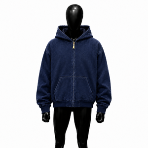 <b>Navy</b> <b>Blue</b> Washed Zip Up Hoodie Vintage Oversized Streetwear Hooded <b>Jacket</b> Acid Wash Full Zipper Relaxed Fit Casual Autumn Wear - Product Image 1