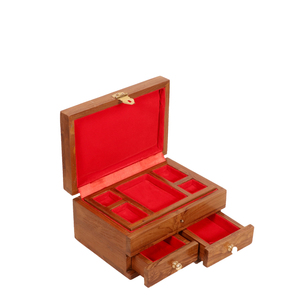Boîte à bijoux en bois de teck de haute qualité, organiseur de bijoux de luxe avec double tiroir, boîte de rangement en velours personnalisée OEM, coffret cadeau - Product Image 1