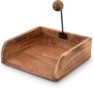 Porta servilletas contemporáneo de diseño rectangular en madera, varilla de presión de metal inoxidable, bola redonda de madera, tamaño compacto, decoración de mesa. - Product Image 3