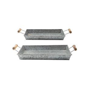 Bandeja de Servicio Decorativa de Metal Galvanizado Plateado Estilo Art Deco Europeo con Asas de Madera Ecológicas, Diseño Rectangular de 2 Piezas - Product Image 1
