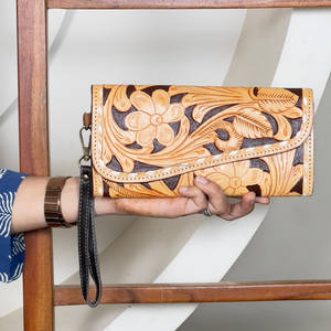 Hot Selling Hand Tooled Genuine Leather Floral Leaf Pattern <b>Women</b> Clutch Multipurpose Card & Cash Holder Wallet <b>Purse</b> for Gifts - Product Image 2