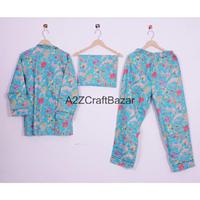Ensemble de pyjama en coton doux, imprimé à la main, motif floral, manches longues, pour femme, vêtements de nuit et de détente pour l'été, pour un usage quotidien.