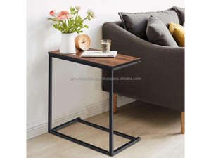 Mesa Auxiliar Industrial en Forma de C con Tapa de Madera de Mango y Estructura de Madera, Mesa de Centro Moderna para Sala de Estar - Product Image 3