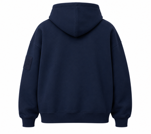 <b>Men's</b> Oversized Hooded Sweatshirt Solid <b>Navy</b> Blue French Terry Casual Fit Left Sleeve Logo Pocket Design Autumn Wear - Product Image 2