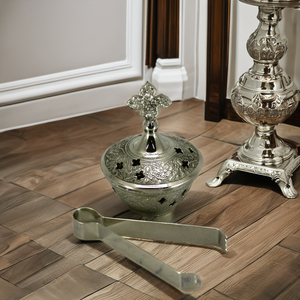 Brûleur d'encens religieux en laiton, finition nickelée, design artistique moderne et antique – Offre Spéciale - Product Image 3