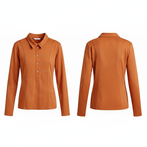 Polo à manches longues en coton et polyester, coupe ajustée, décontracté, respirant, extensible, col polo, vêtements de sport pour femmes - Product Image 3