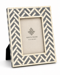 Elegant Rectangular Wood <b>Photo</b> <b>Frame</b> <b>4x6</b> Inches Vertical Tabletop Design Gray and Cream Herringbone Pattern - Product Image 1