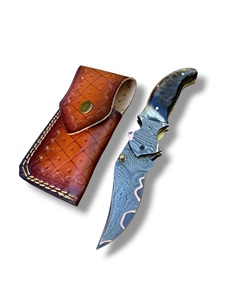 Couteau pliant en cuivre damas forgé à la main avec manche en corne de bélier et étui en cuir, couteau de chasse de poche EDC personnalisé CuMai - Product Image 1