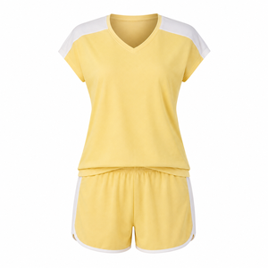 Conjunto de Dos Piezas Amarillo para Mujer con Logotipo Personalizado, Top de Cuello Redondo y Pantalones Cortos, Ropa Deportiva Informal Transpirable para Verano WS-0500 A1.8 - Product Image 3