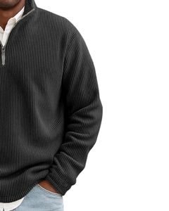 Pull en maille à col montant zippé pour homme, manches longues, couleur unie, coupe classique, décontracté, pour l'automne, 100 % coton, anti-boulochage - Product Image 3