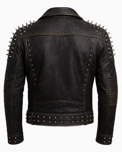 Chaqueta de cuero para hombre con cremallera, estilo motociclista, con rayas verdes y tachuelas plateadas en la parte trasera. - Product Image 4