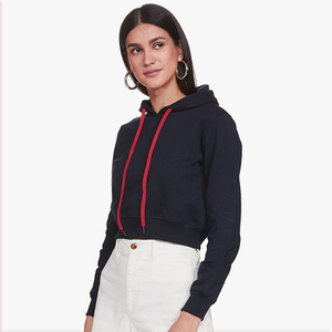 Stylish Customized Logo Printed Woven Front Adult Women's Full Sleeves Hooded Crop <b>Top</b> Breathable Knitted <b>Winter</b> - Product Image 3