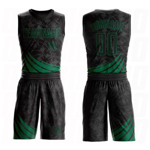 Uniforme de Baloncesto Personalizado con Sublimación, Cuello Redondo, Color Negro y Verde Kelly, con Logotipo del Equipo, Nombre y Número del Jugador - Product Image 1