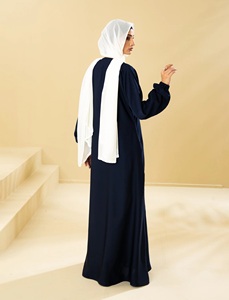 Conjunto de Abaya Azul Marino de Tela Elegante para Mujeres Musulmanas, Poliéster, Largo, Abierto por Delante, Hasta el Suelo, Sencillo, Estilo Saudí, Cobertura Completa - Product Image 1