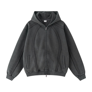 Custom Fleece Heavyweight Distressed Acid Wash Zip up Hoodie Double Zipper Sun Faded Washed Zipped Hoodie - Product Image 2