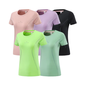 T-shirt à manches courtes pour femme, col rond, couleur unie, séchage rapide, respirant, tricoté, coupe ajustée, haut sportif, printemps été, 100% polyester - Product Image 1