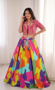 Ensemble Lehenga Choli ethnique décontracté pour femme, veste courte à manches mi-longues, jupe longue, imprimé numérique, imprimé camouflage, robe de fête et de mariage - Product Image 2