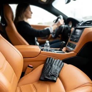 <b>Women</b> Gray Sheep Leather Wrist Length Driving Gloves With Bow Sweet Style Unlined <b>Thermal</b> For Winter Casual Daily Use - Product Image 4